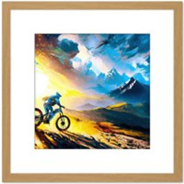 Sunrise Mountain Biker Landscape Freedom Sort Outdoor Painting Square Wooden Framed Wall Art Print Picture 8X8 Inch - Tan - One Size