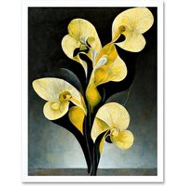 Wall Art Print Modern Abstract Black Yellow Orchid Flower Art Framed - White - W12 inch x H16 inch