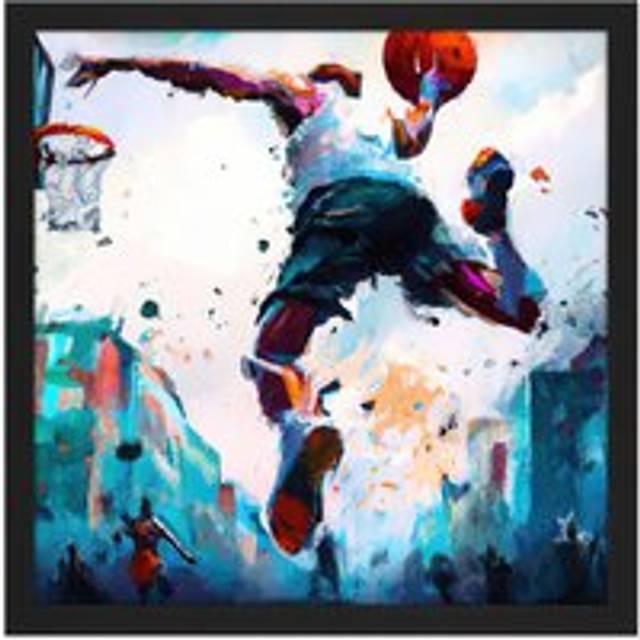 Wall Art Print City Basketball Slam Dunk Sport Splatter Watercolour Painting Teal Orange Square Framed Picture 16X16 Inch - Black - W16 inch x H16 inc - W16 inch x H16 inch