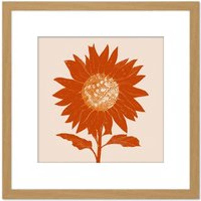 Single Orange Sunflower Earth Toned Warm Painting Square Wooden Framed Wall Art Print Picture 8X8 Inch - Tan - One Size