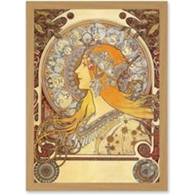 Alphonse Mucha Zodiac 1896 Art Nouveau Orange Gold Painting A4 Artwork Framed Wall Art Print - Light Oak - One Size
