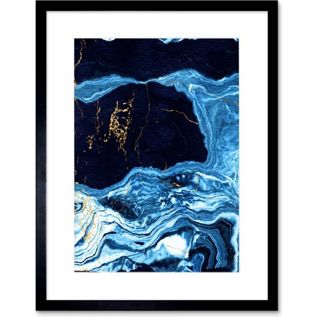 Wall Art Print Abstract Dark Blue Gold Drips Art Framed 9x7 inch - Black - W7 inch x H9 inch