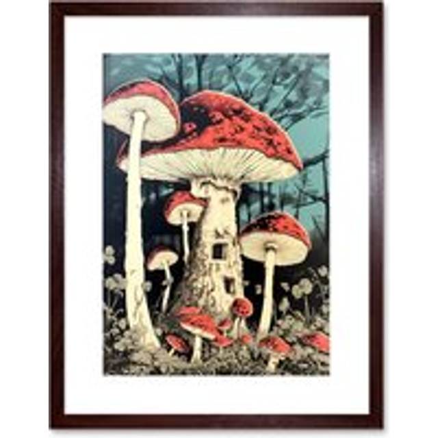 Wall Art Print Mushroom Fairy House Pastel Red Blue Green Magical Forest Fantasy Concept Kitchen Artwork Framed 9X7 Inch - Brown - W7 inch x H9 inch