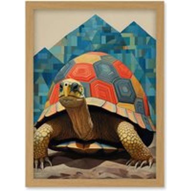 Wall Art Print Geometric Turtle Colourful Hexagon Scutes Shell Pattern Tortoise Bathroom Nautical Theme Artwork Framed A4 - Tan - A4