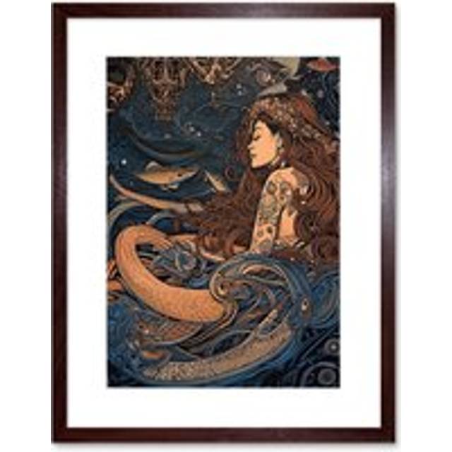 Wall Art Print Little Mermaid and Aquatic Animals Artwork Framed 9X7 Inch - Brown - W7 inch x H9 inch