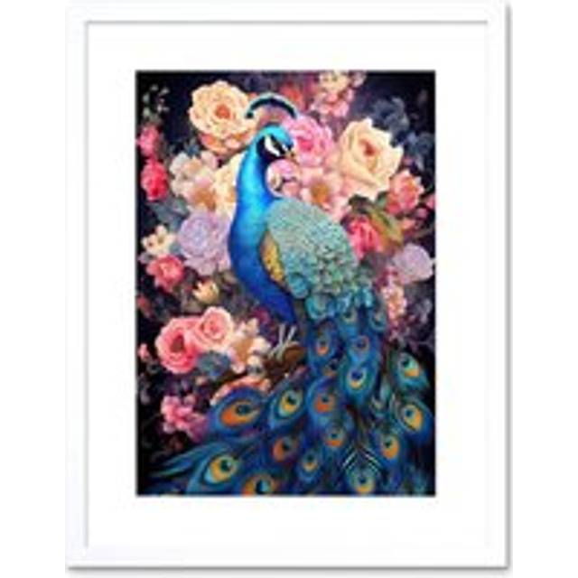 Wall Art Print Elegant Peacock Bird with Rose Flower Blooms Vibrant Floral Blue Pink Orange Artwork Framed 9X7 Inch - White - W7 inch x H9 inch