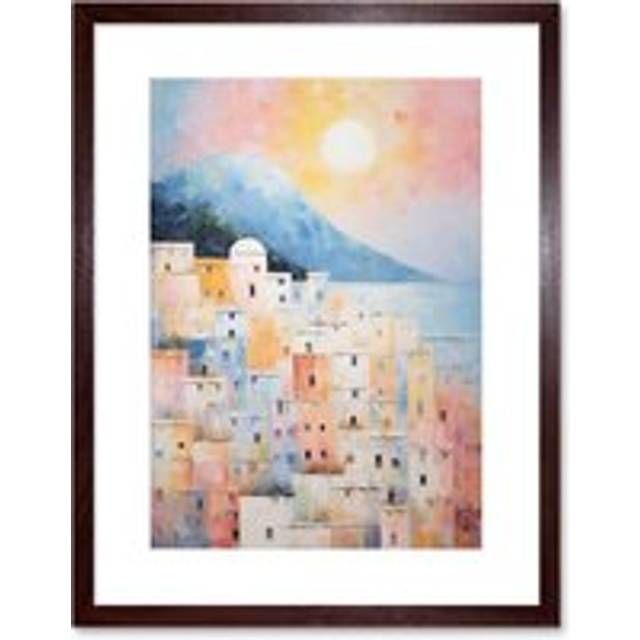Wall Art Print Santorini Whitewashed Buildings Pastel Colour Oil Painting Orange Pink Blue Sunrise Fira Coastal City Artwork Framed 9X7 Inch - Brown - - W7 inch x H9 inch