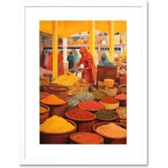Wall Art Print The Spice Market Herbs and Spices Colourful Kitchen Artwork Framed 9X7 Inch - White - W7 inch x H9 inch