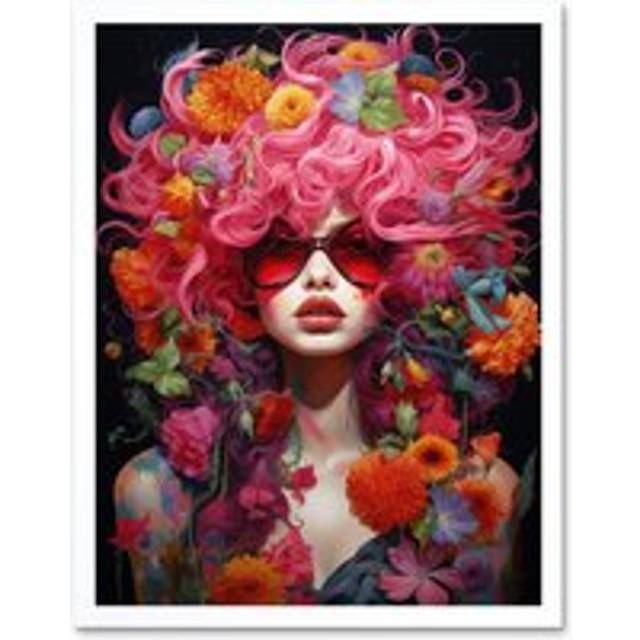 Wall Art Print Flowerpunk Woman with Pink Hair and Flowers Vibrant Artwork Orange Pink Blue on Black High Detail Portrait Art Framed - White - W12 inc - W12 inch x H16 inch