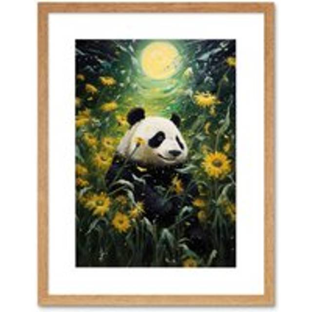 Wall Art Print Midsummer Night's Panda Dream Oil Painting Panda Bear in a Full Moon Sunflower Field Landscape Kids Bedroom Artwork Framed 9X7 Inch - B - Beige - W7 inch x H9 inch