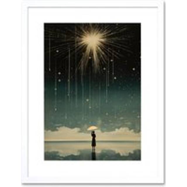Wall Art Print Falling Star Rain Dreamy Artwork Bright Star Wish Woman with Umbrella Fairytale Dreamscape Artwork Framed 9X7 Inch - White - W7 inch x - W7 inch x H9 inch