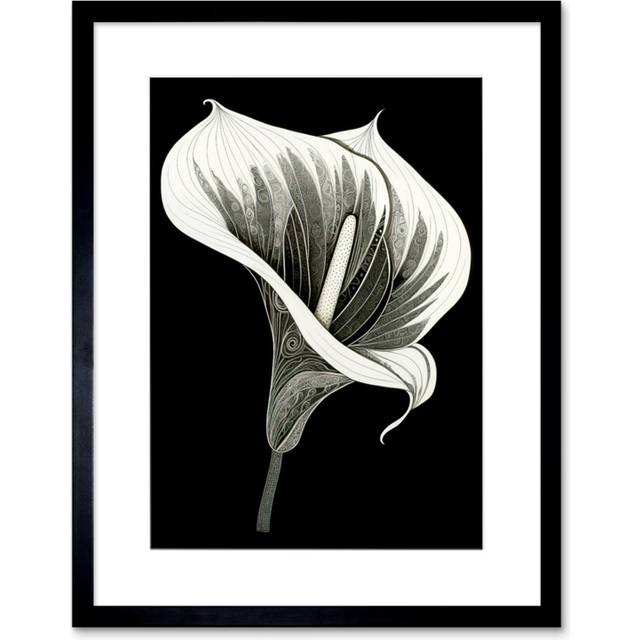 Wall Art Print Batik Style Black and White Calla Lily Flower Artwork Framed 9X7 Inch - W7 inch x H9 inch