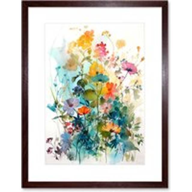Wall Art Print Wild Flowers Watercolour Painting Rainbow Colour Bright Floral Spring Field Artwork Framed 9X7 Inch - Brown - W7 inch x H9 inch
