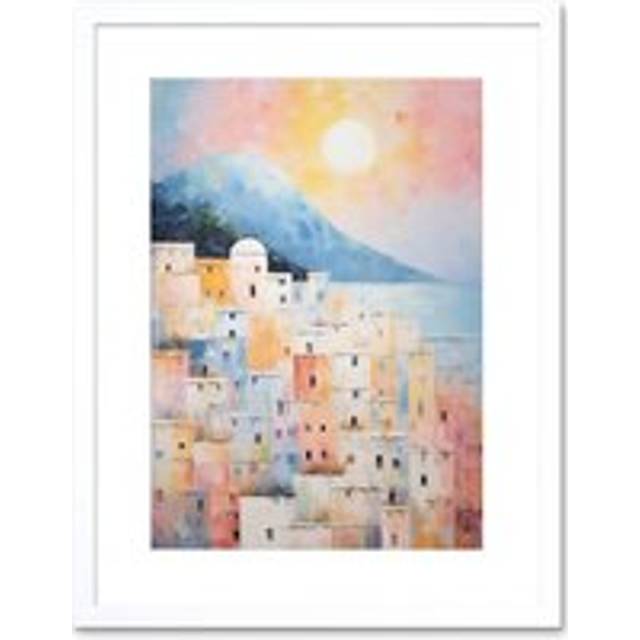 Wall Art Print Santorini Whitewashed Buildings Pastel Colour Oil Painting Orange Pink Blue Sunrise Fira Coastal City Artwork Framed 9X7 Inch - W7 inch - W7 inch x H9 inch