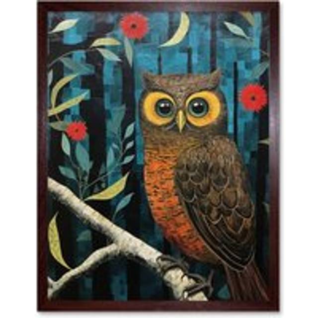 Wall Art Print Horned Owl on Blue Artwork Autumn Tones Detailed Oil Painting Hoot Art Framed - Brown - W12 inch x H16 inch