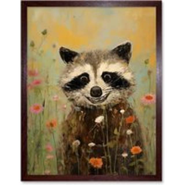Wall Art Print Gleeful Raccoon Picking Flowers Oil Painting Red White Blooms Spring Meadow Landscape Kids Bedroom Art Framed - Brown - W12 inch x H16 - W12 inch x H16 inch