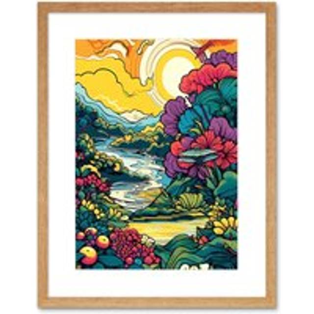 Wall Art Print Sunrise over Polynesian River Landscape Vibrant Tropical Nature Polka Dot Halftone Artwork Framed 9X7 Inch - Beige - W7 inch x H9 inch