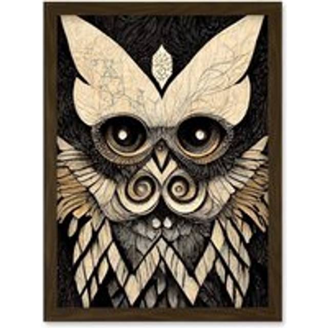 Mystic Tribal Owl Wood Carving Totem Pole Artwork Framed Wall Art Print A4 - Brown - One Size