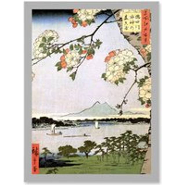Painting Japan Woodblock Cherry Blossom Landscape A4 Artwork Framed Wall Art Print - Grey - One Size
