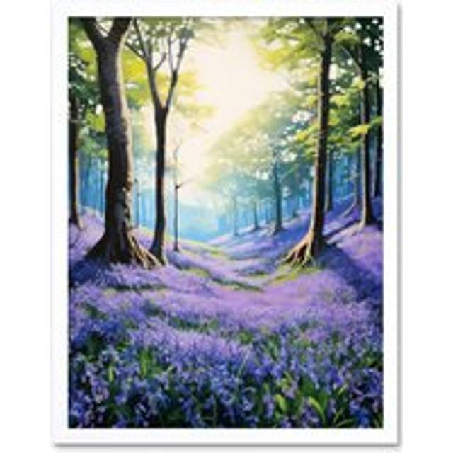 Wall Art Print Bluebell Forest Sunshine Vibrant Artwork Purple Blue Flowers Early Morning Serene Landscape Art Framed - White - W12 inch x H16 inch