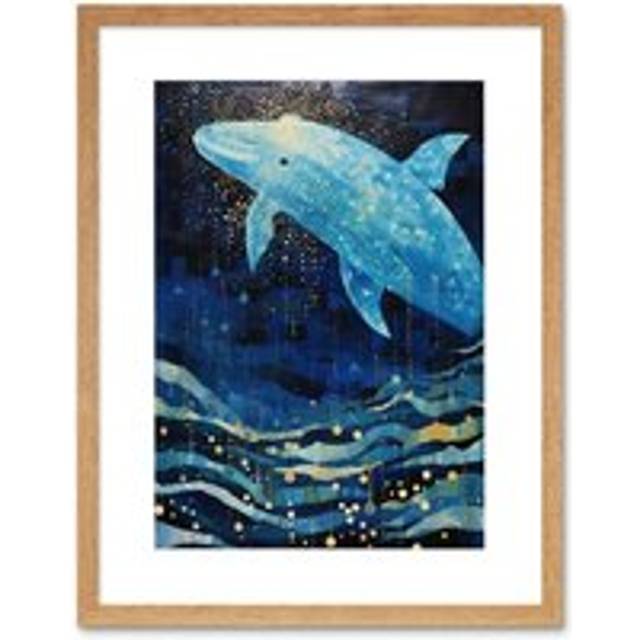 Wall Art Print Blue Whale Breach in Winter Waters Moonlit Seascape Waves Artwork Framed 9X7 Inch - Beige - W7 inch x H9 inch