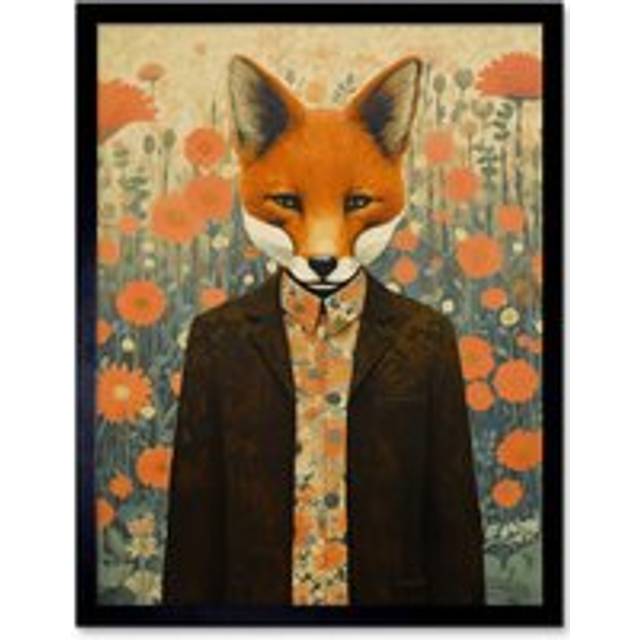 Wall Art Print Portrait of Dressed Fox in Suit and Shirt Floral Background Orange Brown Autumn Tones Art Framed - Black - W12 inch x H16 inch
