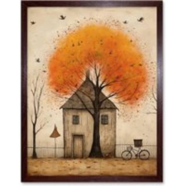 Wall Art Print Country House Autumn Tree Oil Painting Orange Brown Bicycle on Fence Rural Life Art Framed - W12 inch x H16 inch