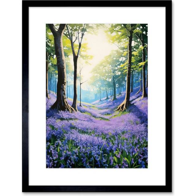 Wall Art Print Bluebell Forest Sunshine Vibrant Artwork Purple Blue Flowers Early Morning Serene Landscape Artwork Framed 9X7 Inch - Black - W7 inch x - W7 inch x H9 inch