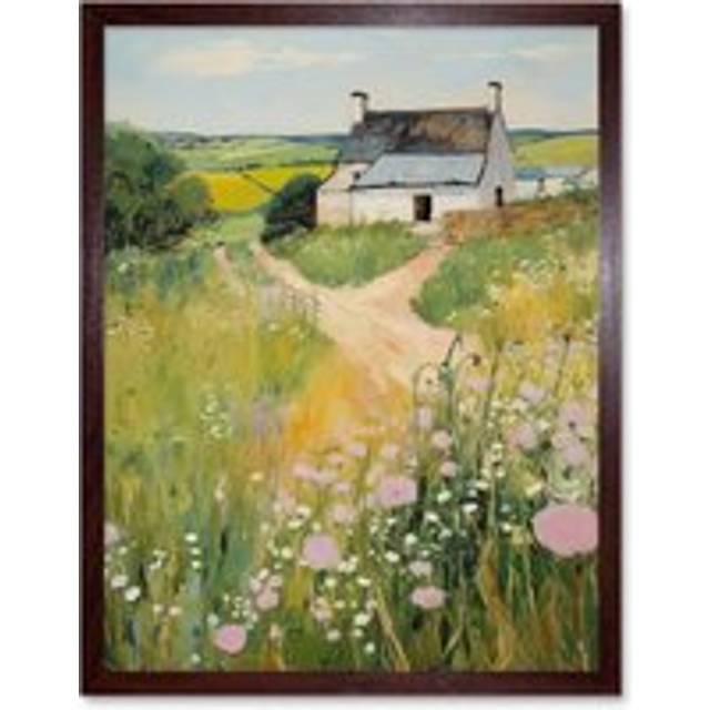 Wall Art Print Country Farmhouse Cottage Scene Traditional Landscape Oil Painting Meadows Countryside Summer Art Framed - Brown - W12 inch x H16 inch