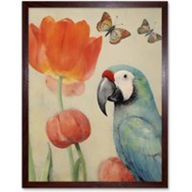 Wall Art Print Parrot and Tulips Flowers Butterflies Pastel Colour Artwork Floral Spring Oil Painting Art Framed - Brown - W12 inch x H16 inch