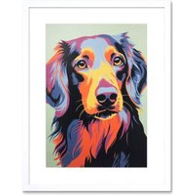 Wall Art Print Long Haired Dachshund Dog Colourful Artwork Orange Blue Purple Pet Portrait Cute Artwork Framed 9X7 Inch - White - W7 inch x H9 inch