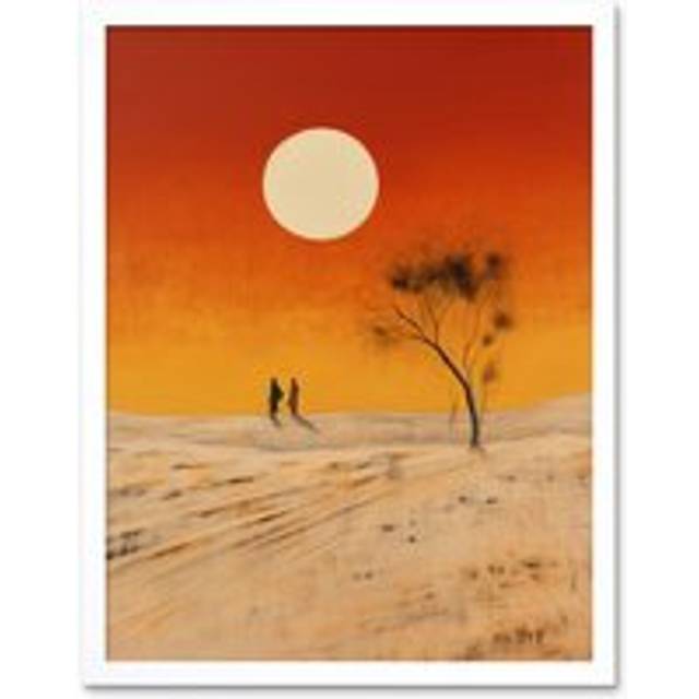 Wall Art Print Desert Landscape Sunset Sun Oil Painting Amber Orange Yellow Windswept Dunes Art Framed - White - W12 inch x H16 inch