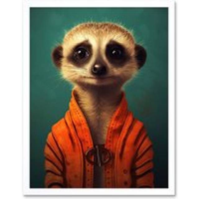 Wall Art Print Meercat Portrait Orange Quilted Jacket on Teal Background Modern Artwork Art Framed - White - W12 inch x H16 inch