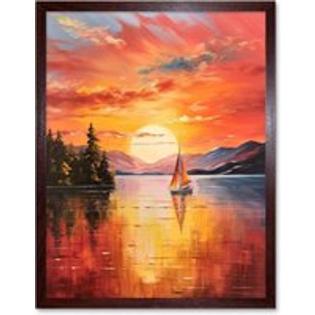 Wall Art Print Serene Lake Sunset Sailing Vibrant Oil Painting Sail Boat Lakeside Mountain Landscape Art Framed - Brown - W12 inch x H16 inch