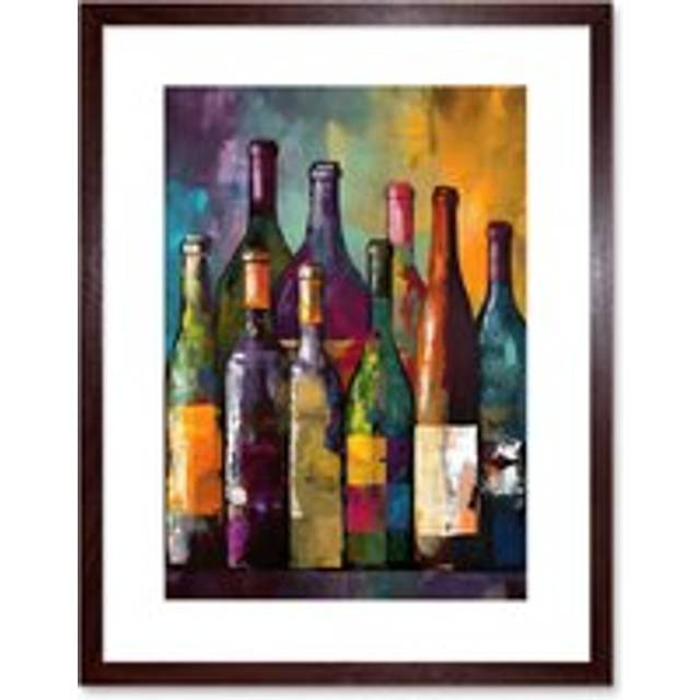 Wall Art Print White Rose and Red Glass Wine Bottles on Shelf Artwork Framed 9X7 Inch - Brown - W7 inch x H9 inch