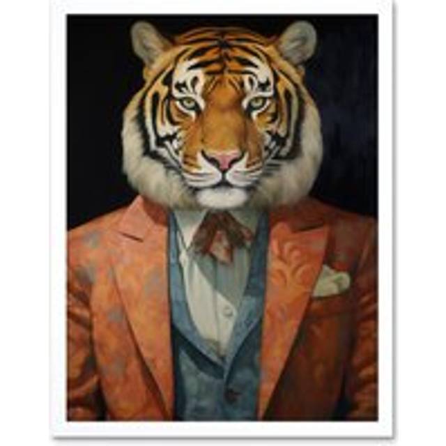 Wall Art Print Tiger About Town Artwork Coral Pink and Cerulean Blue Suit Conceptual Portrait Artwork Art Framed - White - W12 inch x H16 inch