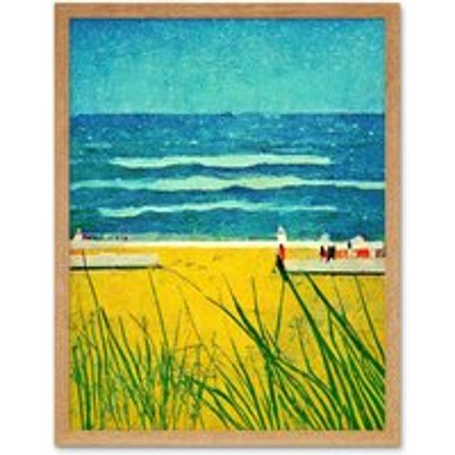 Wall Art Print Blue Sky Seaside Summer Scene Sandy Beach Art Framed - Tan - W12 inch x H16 inch