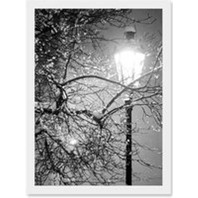 Street Lamp Paris France Winter Night Black White A4 Artwork Framed Wall Art Print - One Size