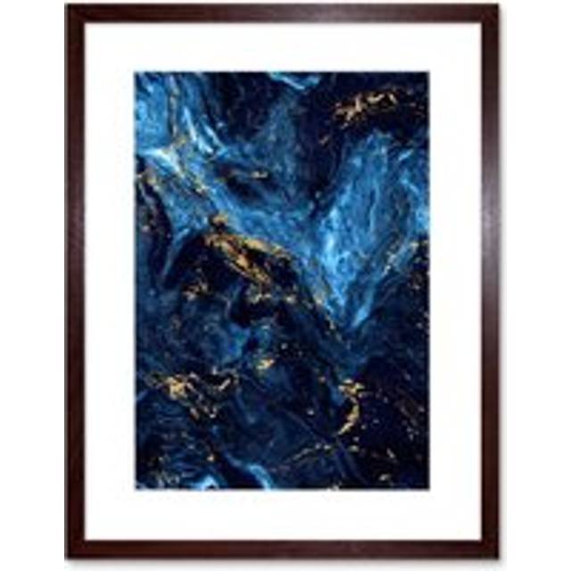 Wall Art Print Abstract Dark Blue Gold Swirl Art Framed 9x7 inch - Brown - W7 inch x H9 inch