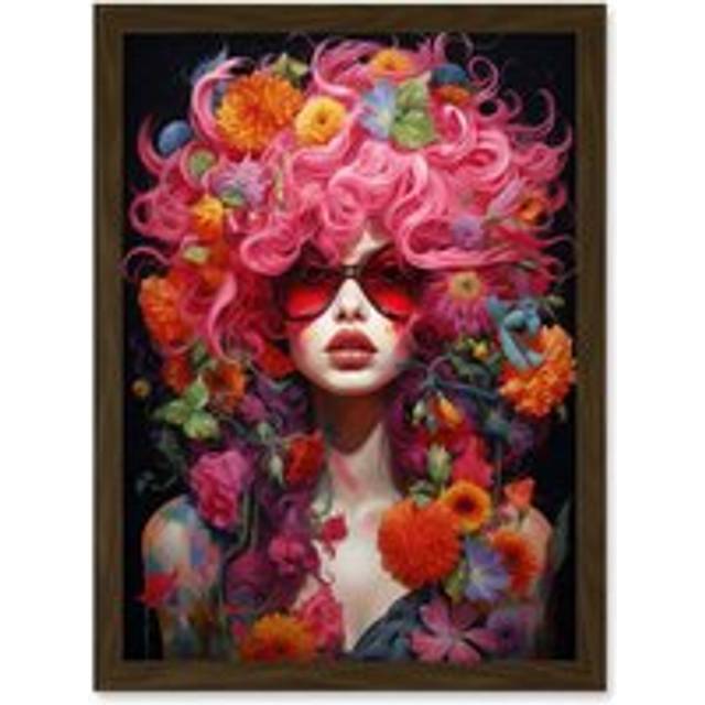 Wall Art Print Flowerpunk Woman with Pink Hair and Flowers Vibrant Artwork Orange Pink Blue on Black High Detail Portrait Artwork Framed A4 - Brown -