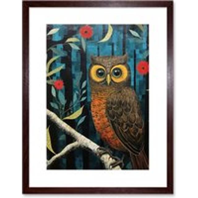 Wall Art Print Horned Owl on Blue Artwork Autumn Tones Detailed Oil Painting Hoot Artwork Framed 9X7 Inch - Brown - W7 inch x H9 inch