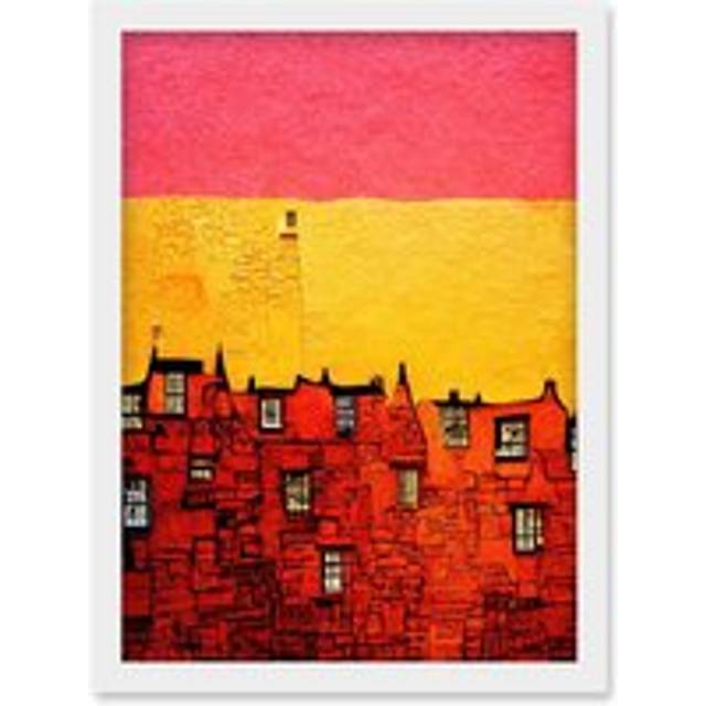 Abstract Historic Building Architecture Sandstone Pink Yellow Artwork Framed Wall Art Print A4 - White - One Size