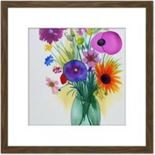 Flower Summer Blooms Bouquet in Green Glass Vase Watercolour Painting Square Wooden Framed Wall Art Print Picture 8X8 Inch - Brown - One Size