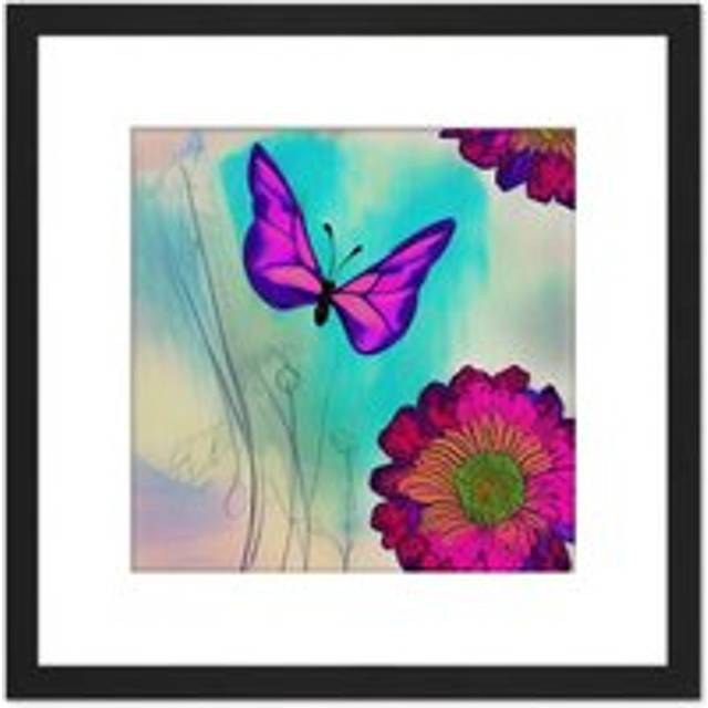 Bright Colourful Purple Emperor Butterfly With Vibrant Chrysanthemum Flowers Garden Nature Square Wooden Framed Wall Art Print Picture 8X8 Inch - Blac - Black - One Size