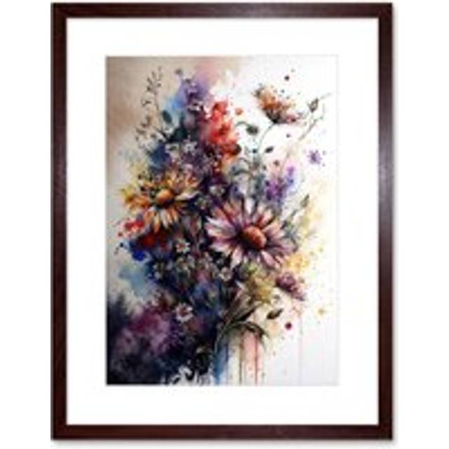 Wall Art Print Flower Bouquet over Watercolour Splat Artwork Framed 9X7 Inch - Brown - W7 inch x H9 inch
