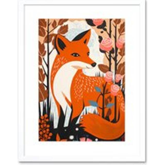 Wall Art Print The Fox and Rose Bush Pastel Colour Autumn Forest Landscape Flowers Artwork Framed 9X7 Inch - White - W7 inch x H9 inch