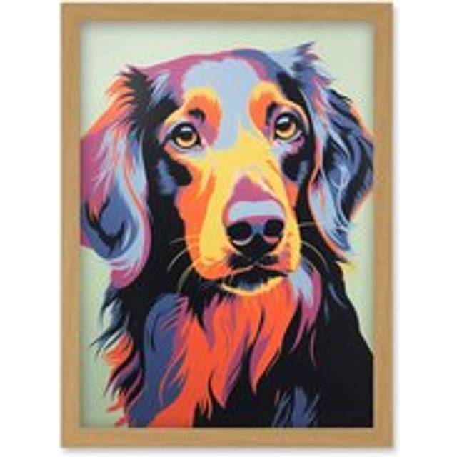 Wall Art Print Long Haired Dachshund Dog Colourful Artwork Orange Blue Purple Pet Portrait Cute Artwork Framed A4 - Tan - A4