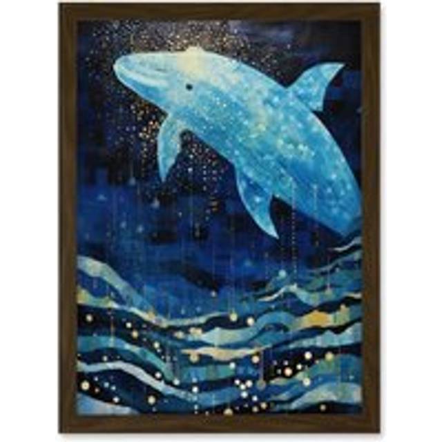 Wall Art Print Blue Whale Breach in Winter Waters Moonlit Seascape Waves Artwork Framed A4 - Brown - A4