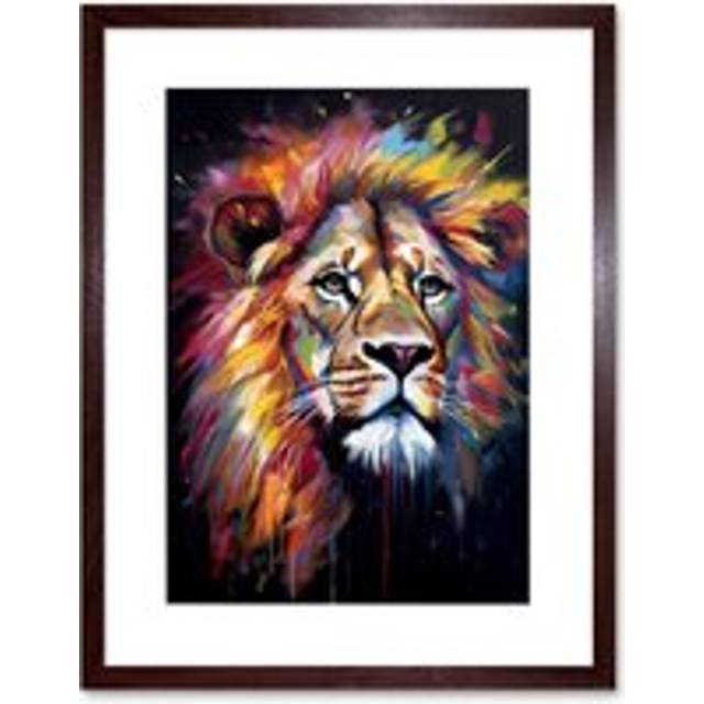 Wall Art Print Lion Head Oil Painting Rainbow Colour Mane Hair Vibrant Portrait Artwork Framed 9X7 Inch - Brown - W7 inch x H9 inch