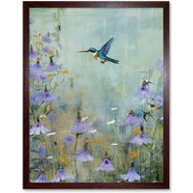 Wall Art Print Bluebell Hummingbird Pastel Painting Nectar Flowers Field Oil Painting Colour Artwork Art Framed - Brown - W12 inch x H16 inch